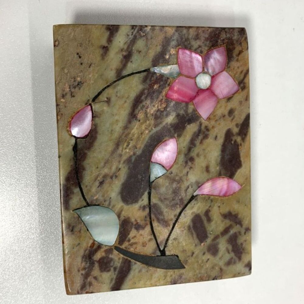 Vintage Soapstone Trinket Box Floral Shell Inlay - Accents in Brass Sedona AZ